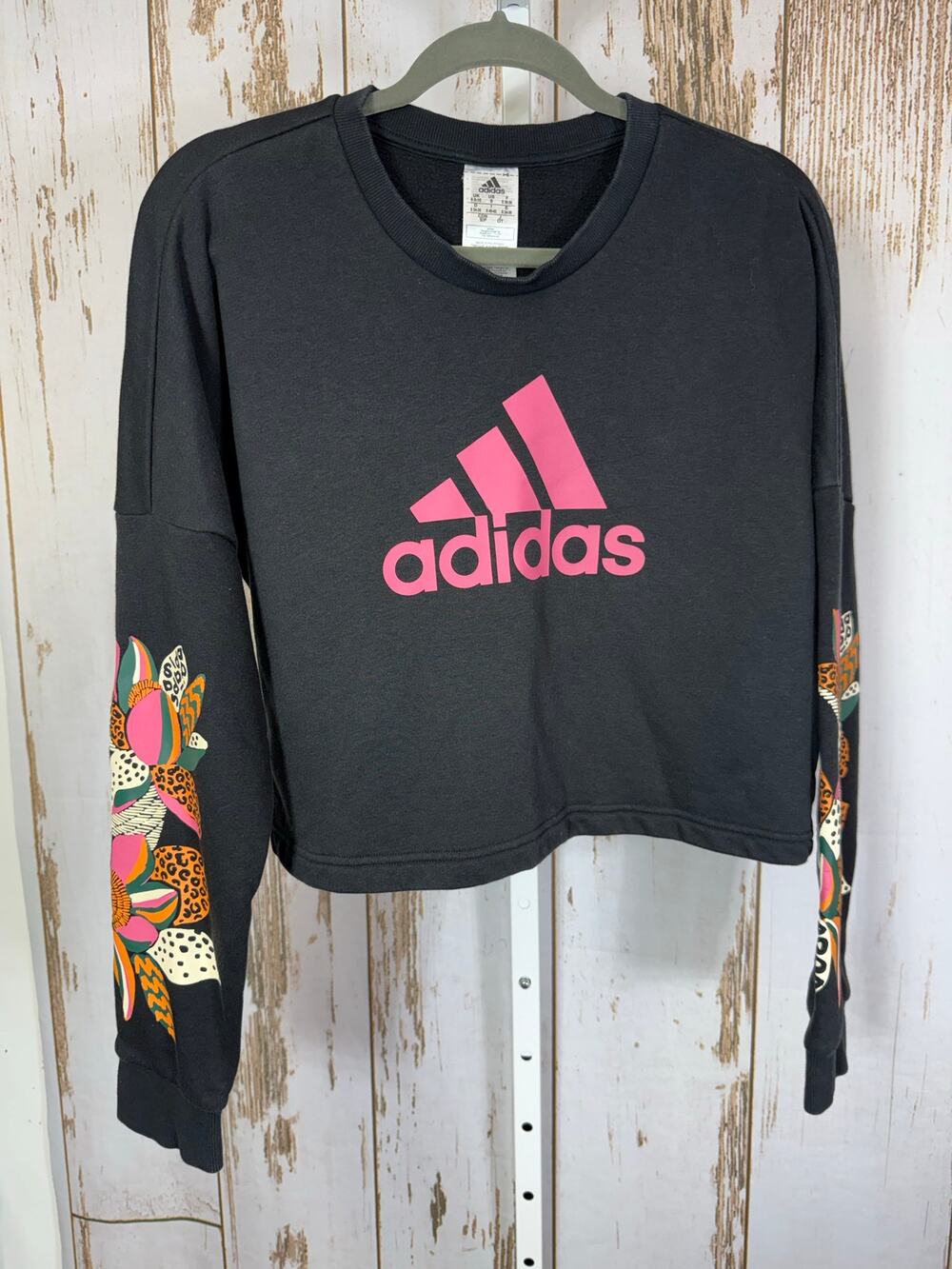 Adidas, Cropped Crewneck Sweatshirt. Floral Animal Print Detail. Size Small.